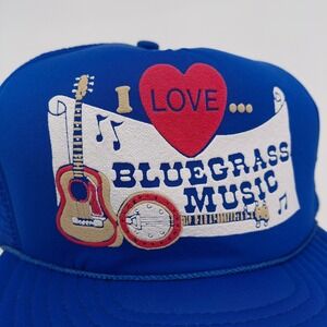 Vtg I Love BLUEGRASS Music Hat Blue Trucker Rope Cobra Adjustable Snapback